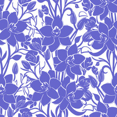 seamless white and blue floral pattern, monochrome ornament, design, texture