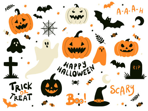 Halloween clip art set, cartoon doodles collection, hand drawn 