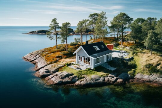 Picturesque island in Nordic archipelago with charming cottage, showcasing Scandinavian minimalism. Generative AI