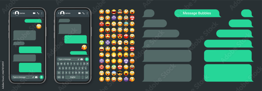 Wall mural smartphone messaging app, user interface with emoji. sms text frame. chat screen, green message bubb