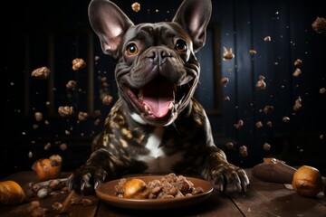 French bulldog with a lot of food around him - obrazy, fototapety, plakaty