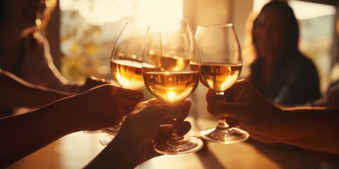 Hands Raise Glasses of Wine, Coming Together in a Festive Moment of Celebration, Symbolizing the Joy of Togetherness and the Camaraderie of Close Friends