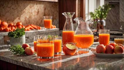 Fresh juice from apple and carrots in the kitchen - obrazy, fototapety, plakaty