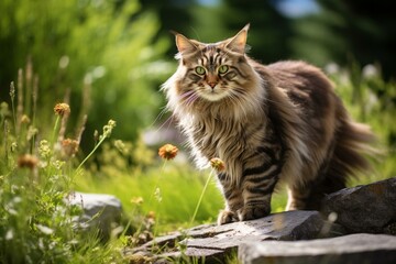 Naklejka na ściany i meble A tabby cat with long hair enjoying the outdoors in summer. Generative AI