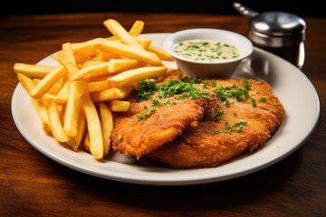 A plate of golden schnitzel and fries, garnished with parsley, served with creamy white sauce.