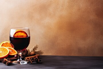 Mulled wine, richly colored red wine brewed with spices. On a beige background.