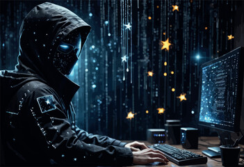 hacker hacker in a black uniform on a computer background to cyber security concept from the computer. attack concept hacker hacker in a black uniform on a computer background to cyber security concep