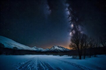 A mesmerizing view of a clear, starry night sky over a tranquil, snow-covered mountain range, where the celestial beauty meets the serene, wintry landscape.