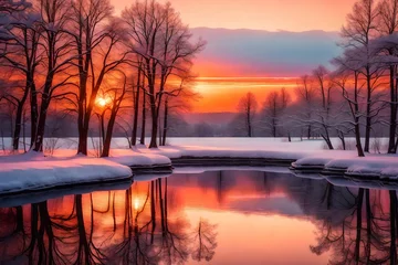 Rolgordijnen A serene and picturesque scene of a river winding through snow-covered land as the sun rises, painting the landscape with soft, golden hues. © muhammad