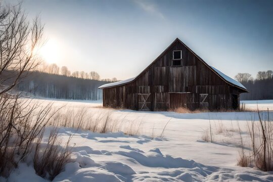 A nostalgic old barn, standing stoically in the midst of a pristine winter landscape, adorned with a glistening coat of snow, encapsulating the timeless charm of a bygone era.