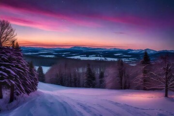 A breathtaking view of snow-covered mountains beneath a purple-hued sky, capturing the serene and awe-inspiring beauty of winter's landscape.
