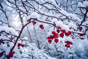 A striking image of red berries contrasting against the pure white snow, offering a vivid and picturesque winter scene
