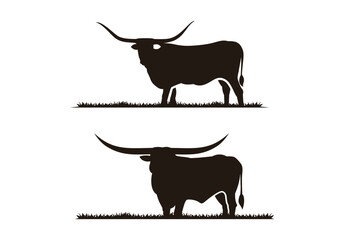 Texas Longhorn Bull and Grass Silhouette Logo Design