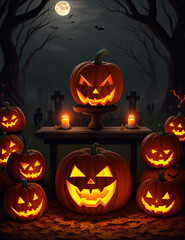 Halloween illustration pumpkin head jack the lantern with burning candle in a dark forrest. AI GENERATED