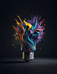 Eureka moment of creative inspiration concept with liquid paint merging into a colorful lightbulb on dark background. Think Differently. AI GENERATED
