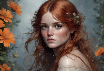 3d render of a fantasy redhead girl in a wreath of flowers, fantasy concept young woman in red dress with flowers in the forest 3d render of a fantasy redhead girl in a wreath of flowers, fantasy conc