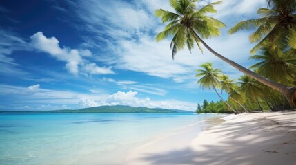 A sandy beach with palm trees and clear water.