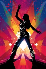 A woman is dancing on a colorful background. A single disco dancer, pop art style.