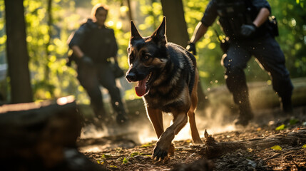 German shepherd used in canine unit to track a suspect or escapee - obrazy, fototapety, plakaty