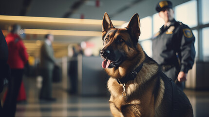 Airport security with canine unit, drug dog - obrazy, fototapety, plakaty