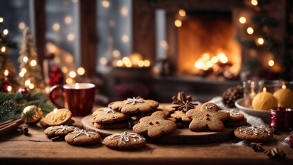 Obraz premium Biscotti di pan di zenzero con atmosfera natalizia, caminetto e luci di Natale