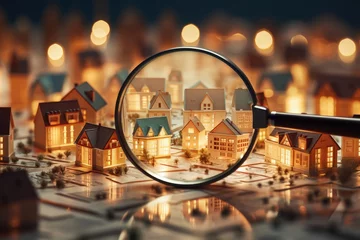 Foto op Canvas magnifying glass with a set of model houses under it Generative AI © sean