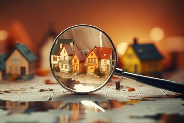 small house model under magnifying glass near by Generative AI