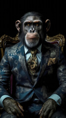 Monkey dressed in an elegant suit with a nice tie. Fashion portrait of an anthropomorphic animal, chimpanzee, posing with a charismatic human attitude