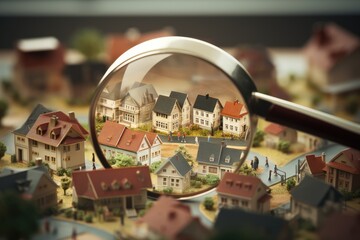 miniature houses under magnifying glass buying and selling houses Generative AI - obrazy, fototapety, plakaty