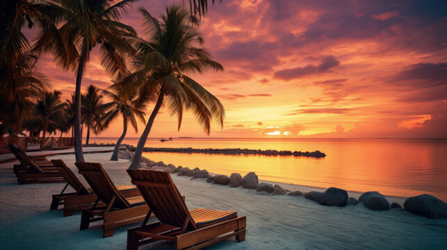 Sunset at the beach with palm trees, parasols and sunbeds.
