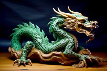 Green dragon statue. Symbol of 2024 on blurred background. Green Chinese dragon wooden sculpture. Mythological creature. Green fantasy dragon.