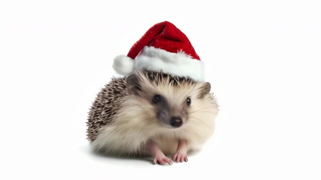 AI generated animation of the hedgehog in Santa Claus hat sniffing the air and looking into the camera. A hedgehog on white background. New Year and Christmas concept. High quality 4k footage