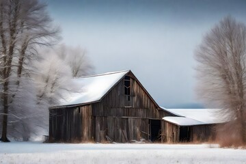 Experience the nostalgic charm of an old barn nestled in a tranquil winter landscape, a serene and timeless scene - obrazy, fototapety, plakaty