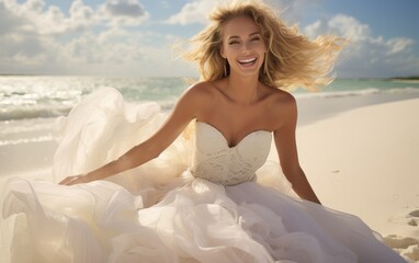 Fototapeta na wymiar Stunning beauty of a blonde woman on a white sand beach