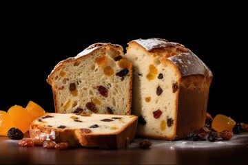 A loaf of fruit cake with a slice cut out of it.
