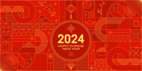 Red gold 2024 Chinese Dragon Lunar New Year card. Modern geometrical banner. - obrazy, fototapety, plakaty