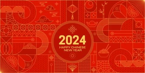 Fotobehang Red gold 2024 Chinese Dragon Lunar New Year card. Modern geometrical banner. © Quarta