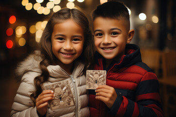 Children receiving digital gift cards that allow them to create personalized gifts using advanced fabrication technology. Generative Ai.
