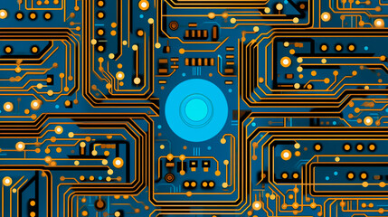 Abstract wallpaper circuit board. Motherboard pattern background texture. Hi-tech digital technology concept. graphic poster web page PPT background. Blue and gold tones
