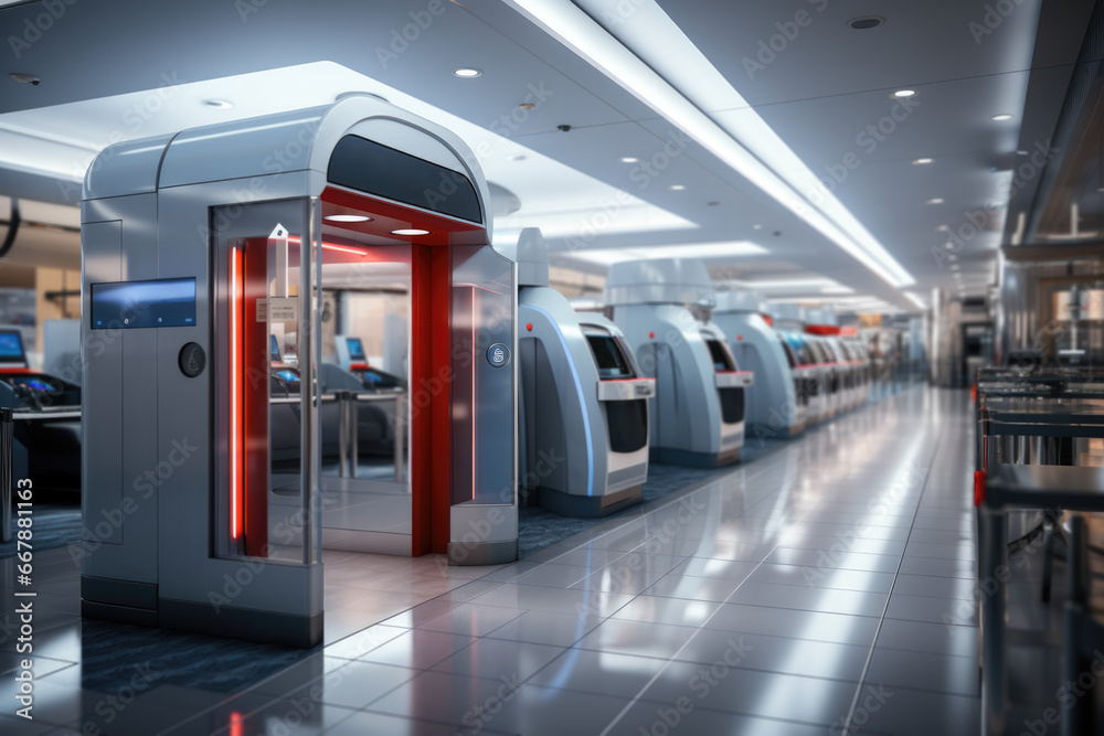Poster a security checkpoint at the airport equipped with biometric scanning to ensure safe and efficient t