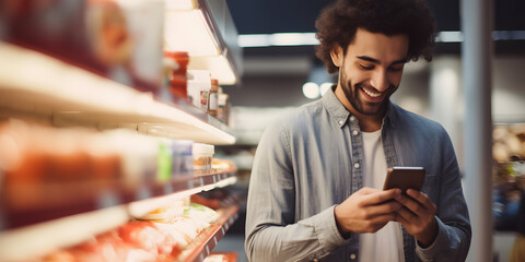 young man checking shopping list on mobile while shopping in supermarket