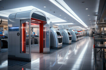 A security checkpoint at the airport equipped with biometric scanning to ensure safe and efficient travel. Concept of airport security. Generative Ai.