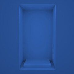 Blue modern minimal background. 3d render. Promotion mockup display. Niche showcase podium pedestal stand platform stage shelf wall room. Object product. Geometric. Dark. Empty space. Design.