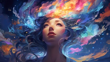Obraz na płótnie Canvas Colorful animation girl galaxy anime painting wallpaper picture Ai generated art