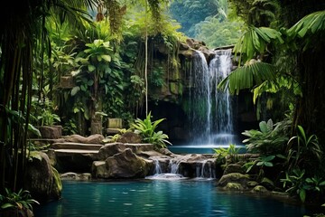 Habitat: lush, exotic, waterfall, vegetation, natural colors. Generative AI