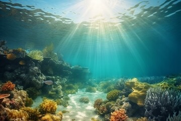 Underwater scene - tropical seabed with reef and sunshine. Generative AI - obrazy, fototapety, plakaty