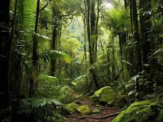 A stunning rainforest teeming with life, filled with towering trees and a thick canopy.