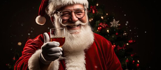Santa Claus getting ready to go on a journey with a festive drink in his hand