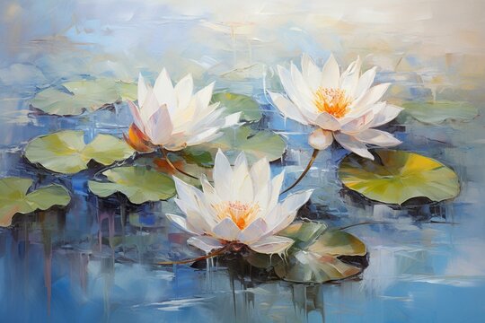 Impressionistic oil painting of lotus in the pond. Generative AI