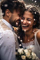 Bride and groom at wedding ceremony. Wedding tradition sprinkled with rice and grain